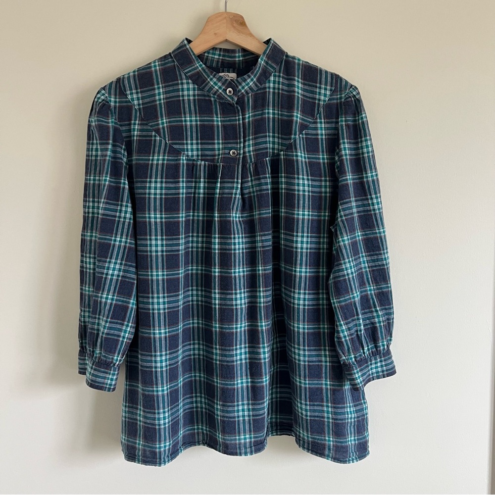 Vintage L.L. Bean Blue and Green Plaid Blouse Fits XL 14-16